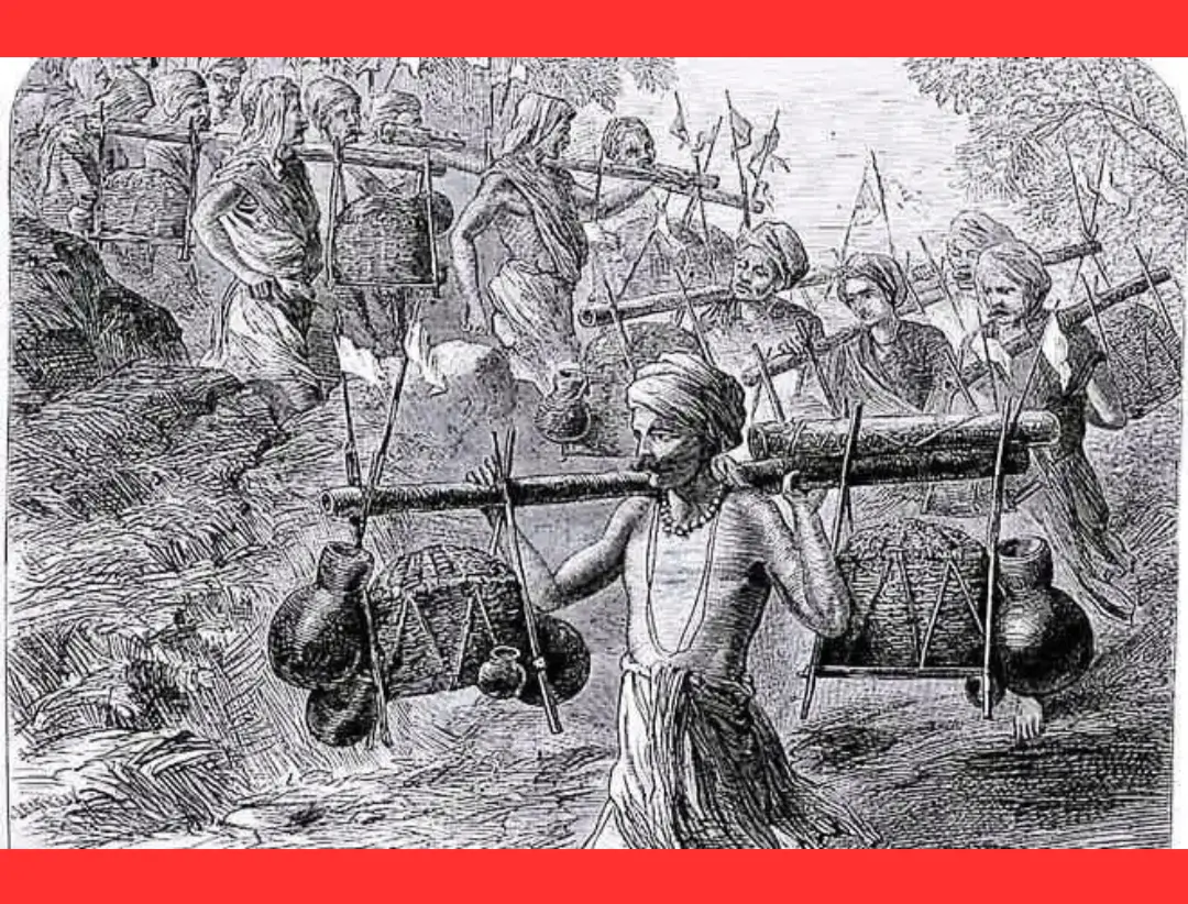 An 1858 sketch by Montgomery depicting a Kanwar pilgrim carrying a sacred pot, featured in the 1864 issue of The Illustrated London News titled &lsquo;Ganges pilgrims passing a ghat&rsquo;.