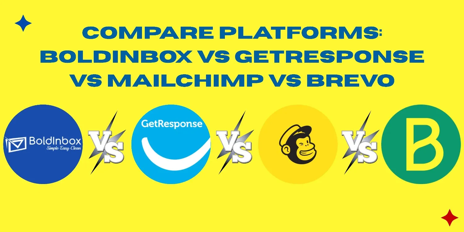 Comparison of email marketing platforms - Boldinbox, GetResponse, Mailchimp, and Brevo.