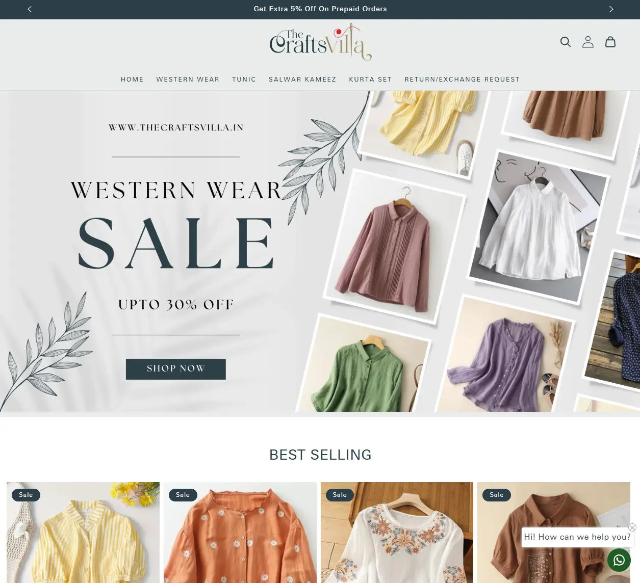 Craftsvilla homepage showing a Western Wear Sale banner with ethnic tunics and kurtas laid out in a modern grid pattern.