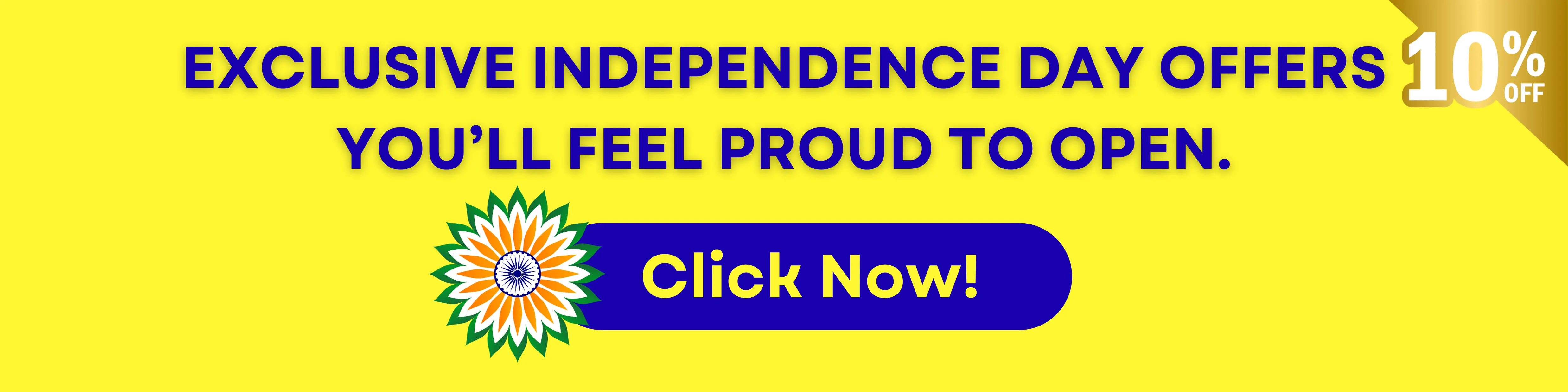 Exclusive Independence Day email marketing offer banner with 10% discount promotion and 'Click Now!' call-to-action.