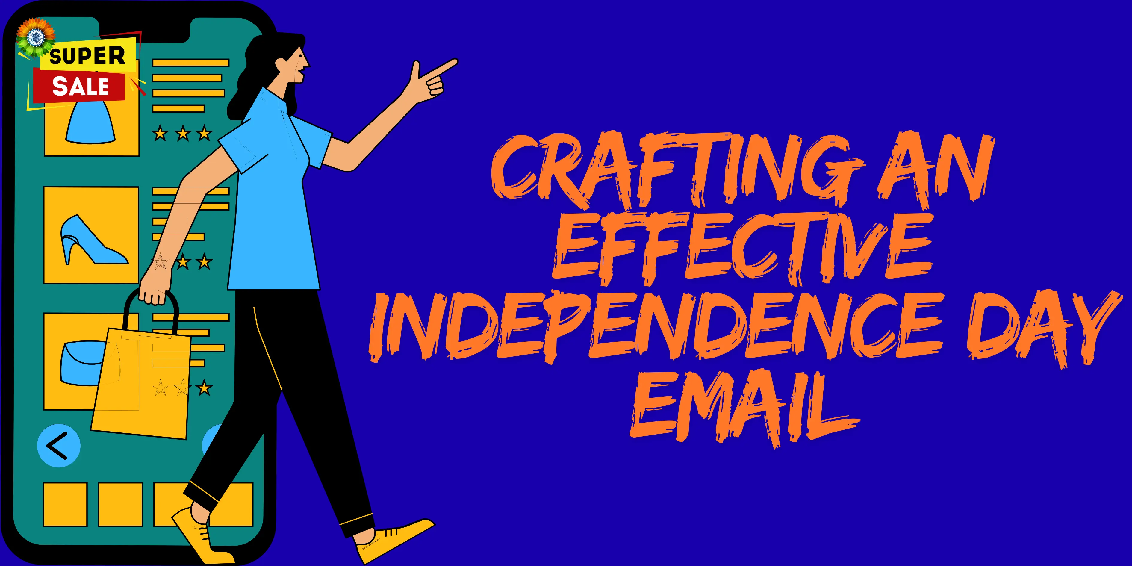 lustration of online shopping with super sale banner for Independence Day email marketing.