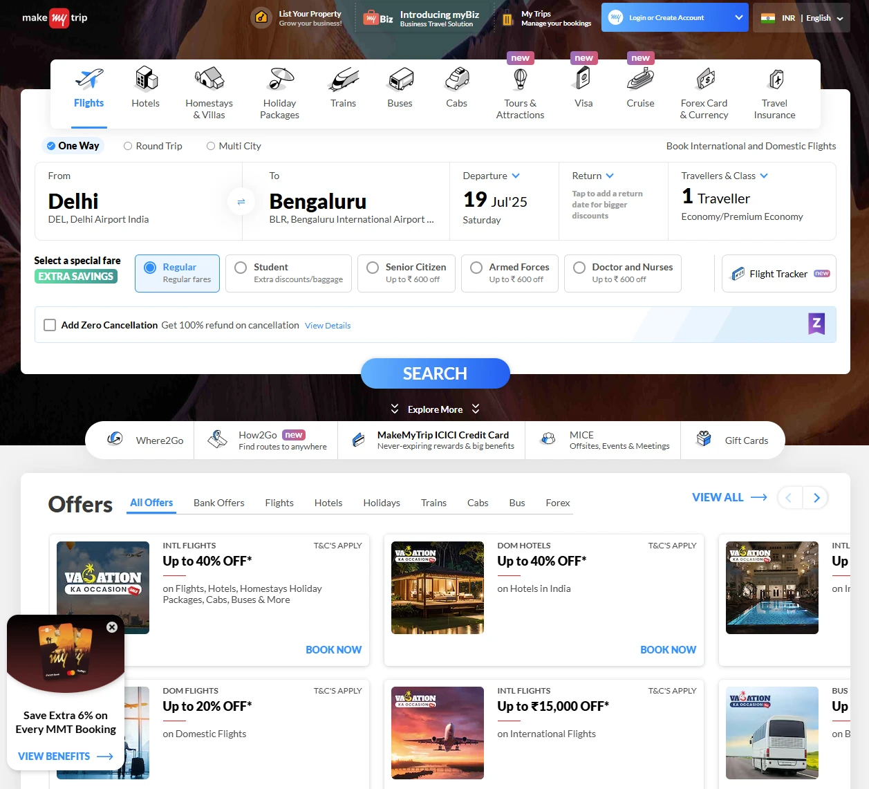 MakeMyTrip travel portal with flight booking, hotel deals, holiday packages, and exclusive discounts for domestic/international trave