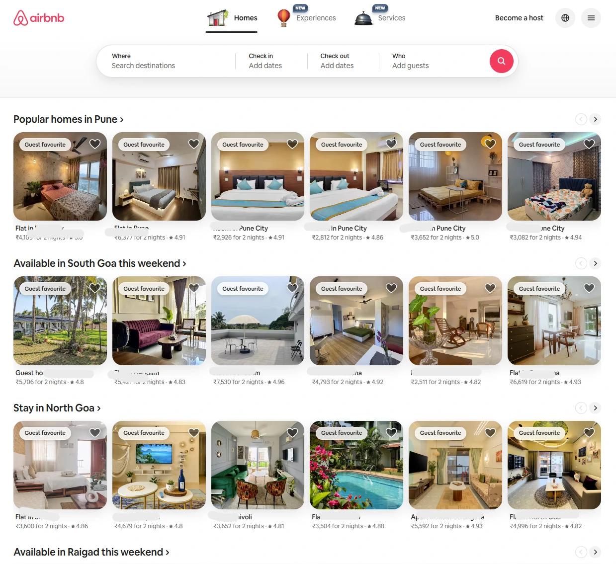 Airbnb homepage showcasing vacation rentals, unique stays, and experience bookings worldwide with instant confirmation.